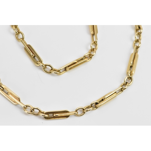 248 - A 9ct yellow gold bar and link chain necklace, stamped 375, with a spring ring clasp, 80cm, 68 grams