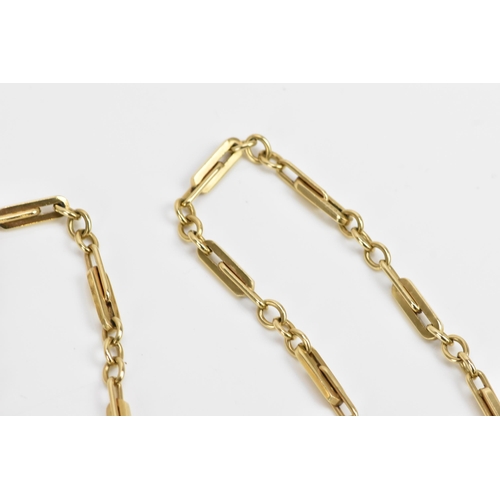 248 - A 9ct yellow gold bar and link chain necklace, stamped 375, with a spring ring clasp, 80cm, 68 grams