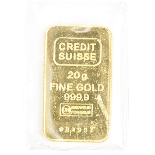 249 - A Credit Suisse 20 gram bar of 999.9 fine 24ct gold, numbered 034937