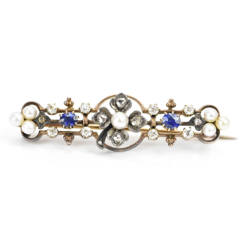 256 - A Victorian yellow metal diamond, sapphire and pearl brooch, the centre fashioned as a four-leaf clo... 