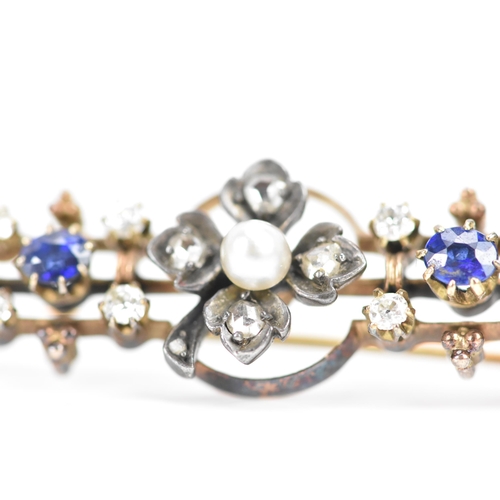 256 - A Victorian yellow metal diamond, sapphire and pearl brooch, the centre fashioned as a four-leaf clo... 