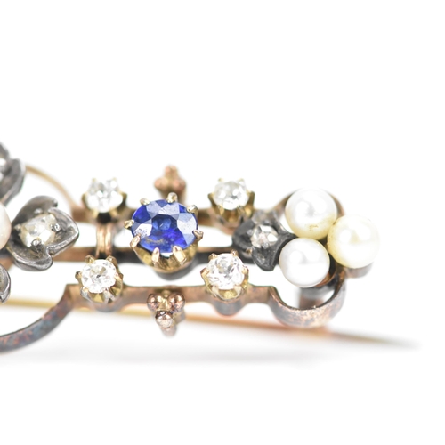 256 - A Victorian yellow metal diamond, sapphire and pearl brooch, the centre fashioned as a four-leaf clo... 