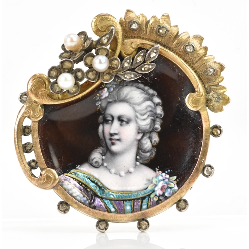 262 - A 19th century French yellow metal, emalled, diamond and pearl brooch, the enamel plaque depicting a... 