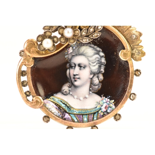 262 - A 19th century French yellow metal, emalled, diamond and pearl brooch, the enamel plaque depicting a... 