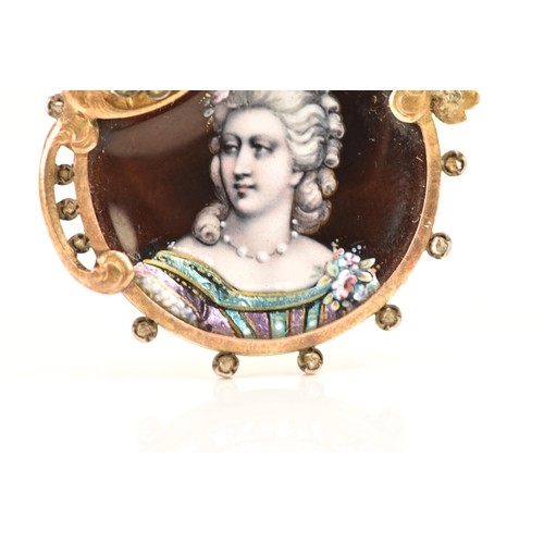 262 - A 19th century French yellow metal, emalled, diamond and pearl brooch, the enamel plaque depicting a... 