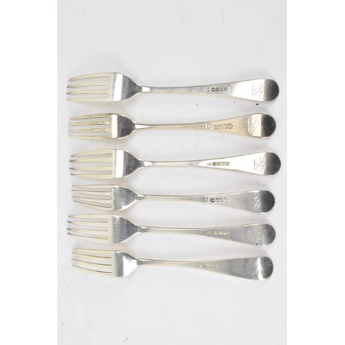 36 - A set of early 19th century and later silver table forks, to include a pair of George III examples, ... 