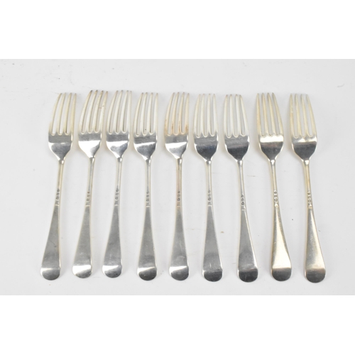 38 - A set of nine George VI silver dessert forks, makers marks rubbed, hallmarked London 1936, 387.2 gra... 