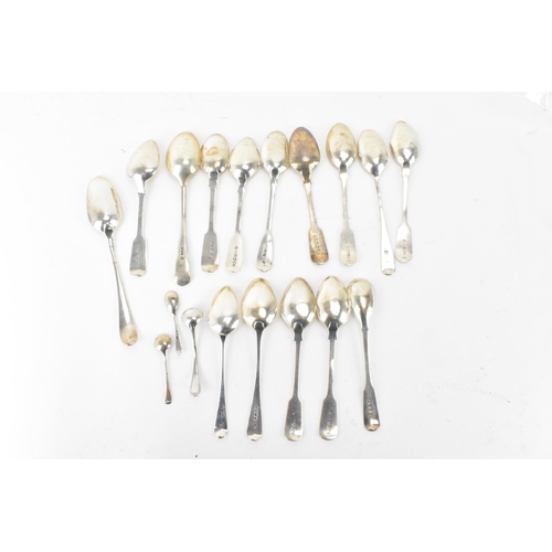 39 - A selection of mainly Georgian silver spoons to include a set of four George III fiddle pattern teas... 