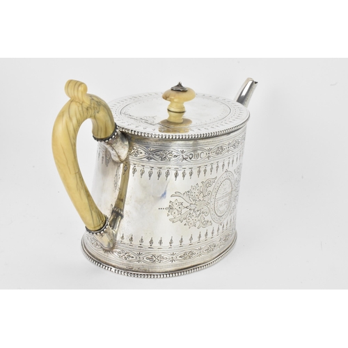 50 - A Victorian silver teapot by Charles Boyton (II), hallmarked London 1889, of oval form with a marine... 