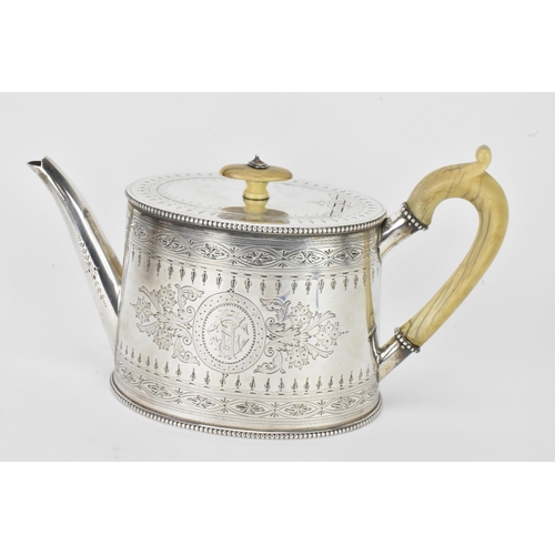 50 - A Victorian silver teapot by Charles Boyton (II), hallmarked London 1889, of oval form with a marine... 