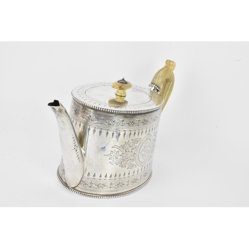 50 - A Victorian silver teapot by Charles Boyton (II), hallmarked London 1889, of oval form with a marine... 