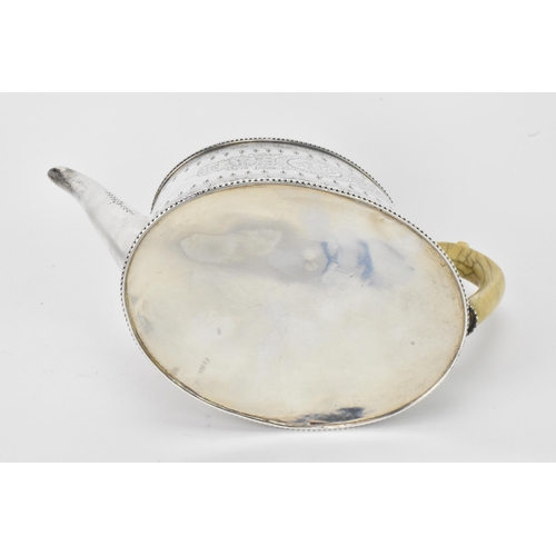 50 - A Victorian silver teapot by Charles Boyton (II), hallmarked London 1889, of oval form with a marine... 