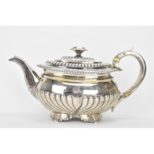 6 - A George III silver teapot, by Alice & George Burrows II, hallmarked London 1814, having a reeded bo... 