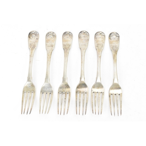 85 - A George III set of six silver dessert forks by Soloman Hougham, hallmarked London 1814, each in the... 