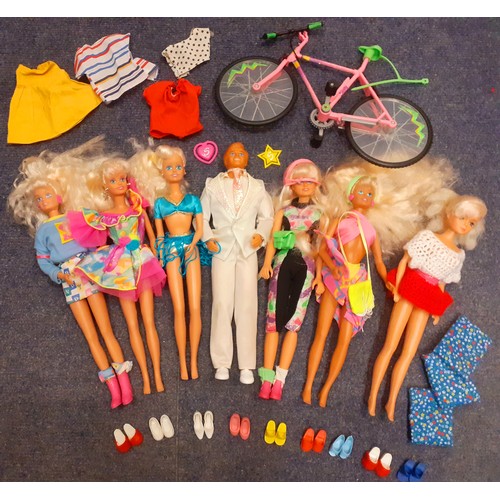 48 - A quantity of late 1980's and 1990's Hasbro Sindy dolls to include Paul together with a 1970's Betty... 