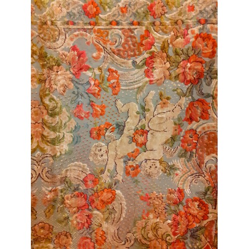 130 - A mid 20th Century plush machine embroidered Belgium cotton bed cover/wall covering depicting cherub... 