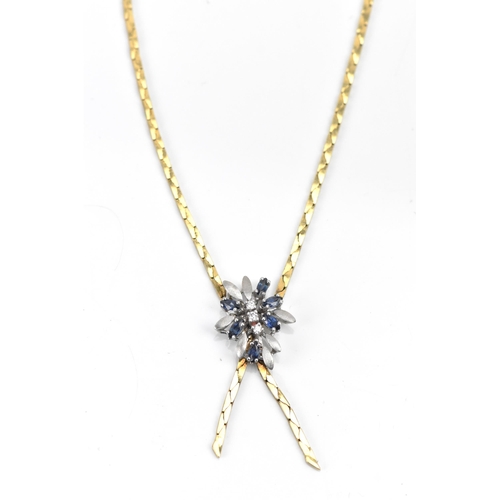 289 - An 18ct yellow and white gold sapphire and diamond necklace, the integral pendant in a floral design... 