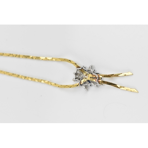 289 - An 18ct yellow and white gold sapphire and diamond necklace, the integral pendant in a floral design... 