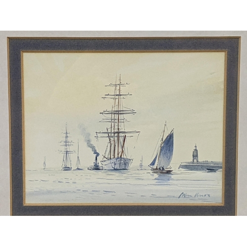 217 - A watercolour on board depicting two tall shops and a smaller yacht near a harbour, signature 'peter... 