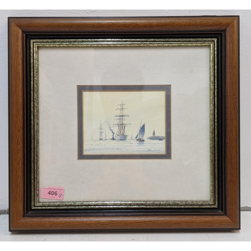 217 - A watercolour on board depicting two tall shops and a smaller yacht near a harbour, signature 'peter... 