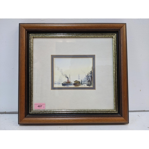 340 - A watercolour on board depicting a paddle steamer in a harbour, signature 'Peter Knox' framed and gl... 