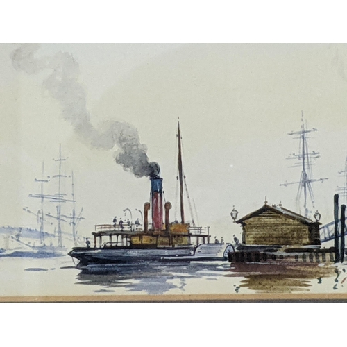 340 - A watercolour on board depicting a paddle steamer in a harbour, signature 'Peter Knox' framed and gl... 