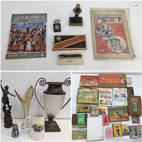 225 - A mixed lot to include vintage board games, puzzles, and playing cards, a 19th century French spelte... 