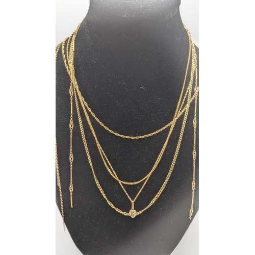 100 - Six gold fine chain necklaces to include two 9ct gold fine curb link flat chains and others 9.9g tog... 