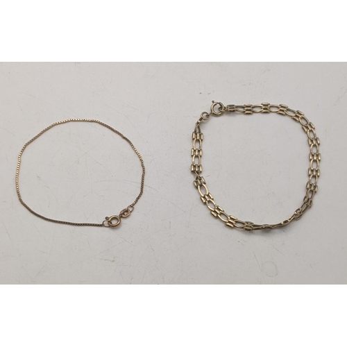 117 - Two 9ct gold bracelets to include a gate link bracelet and one other, 5.6g
Location:CAB2

If there i... 