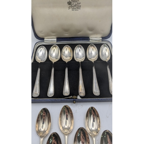 125 - Silver teaspoons to include two sets of six, one set hallmarked Sheffield 1921 and the other hallmar... 