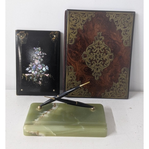 130 - A mixed lot to include a Victorian papier mache and Mother of Pearl document folder, together with a... 