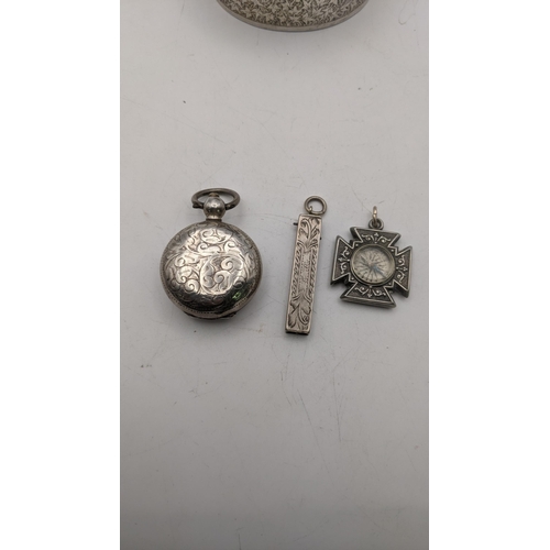 137 - Silver to include a pocket watch case, a propelling pencil also as a pendant, a white metal bangle w... 