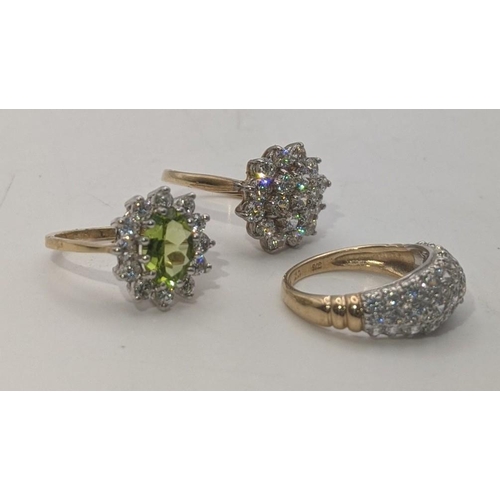 15 - Three 9ct gold ladies rings to include a cluster ring set with paste stones and two others, total we... 