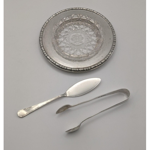 158 - Silver to include a Mappin and Webb butter dish with a silver rim and a crystal cut centre hallmarke... 