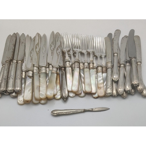 188 - Mother of pearl handled dessert knives with silver ferrules, seventeen silver handled knives and a s... 