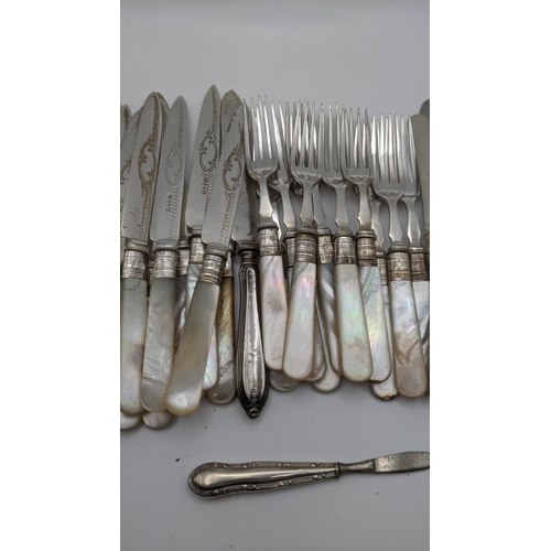 188 - Mother of pearl handled dessert knives with silver ferrules, seventeen silver handled knives and a s... 