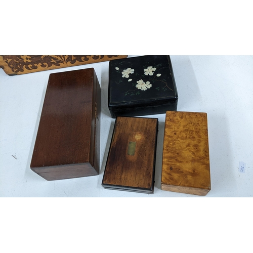 232 - A selection of mainly 19th century boxes to include a rosewood marquetry inlaid example, an early 19... 