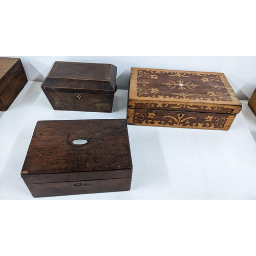 232 - A selection of mainly 19th century boxes to include a rosewood marquetry inlaid example, an early 19... 