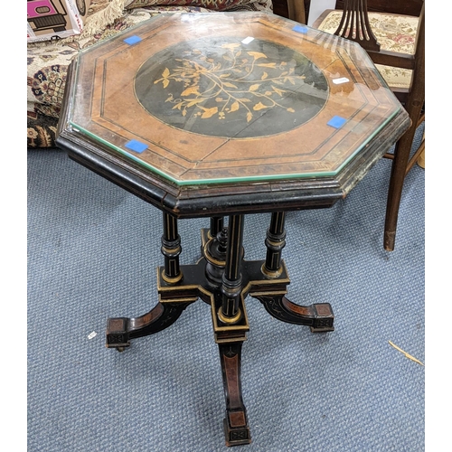 242 - A late Victorian aesthetic marquetry inlaid walnut and ebonized octagonal topped occasional table, 6... 