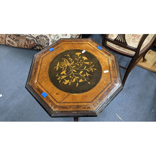 242 - A late Victorian aesthetic marquetry inlaid walnut and ebonized octagonal topped occasional table, 6... 