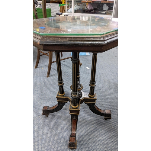 242 - A late Victorian aesthetic marquetry inlaid walnut and ebonized octagonal topped occasional table, 6... 