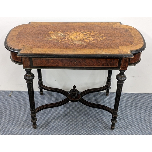 243 - A late Victorian aesthetic marquetry inlaid walnut and ebonized side table having a single drawer an... 