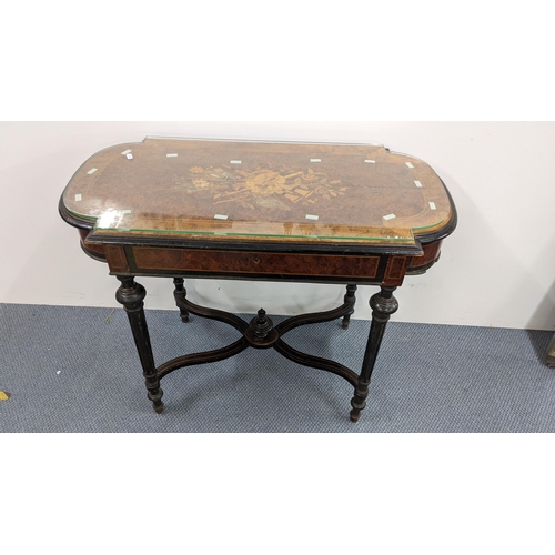 243 - A late Victorian aesthetic marquetry inlaid walnut and ebonized side table having a single drawer an... 