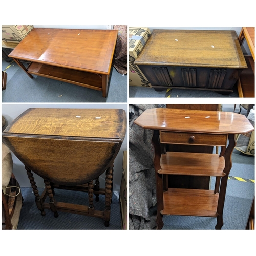 259 - Mixed furniture to include a yew wood coffee table, an oak blanket chest, an oak gate leg table and ... 