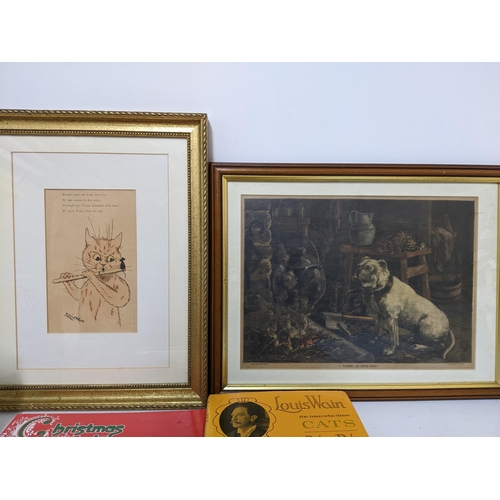 265 - A collection of Louis Wain cat illustrated pictures and ephemera to include early 20th century frame... 