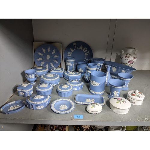 269 - A collection of Wedgwood light blue Jasper wares to include a boxed Elizabeth II commemorative plate... 