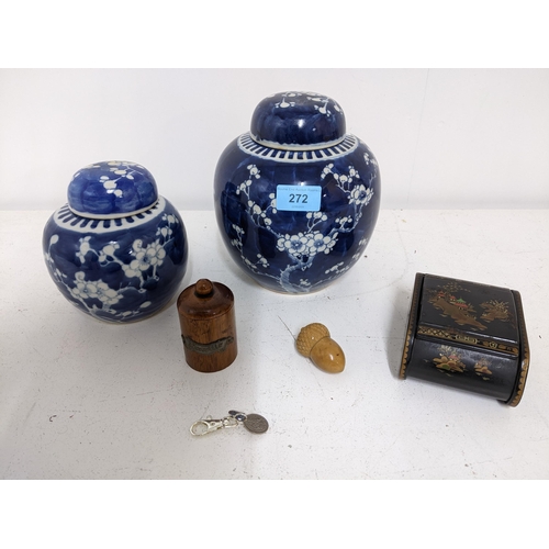 272 - Two Chinese Prunus Blossom jars with lids, a 19th century carved vegetable ivory holder in the form ... 