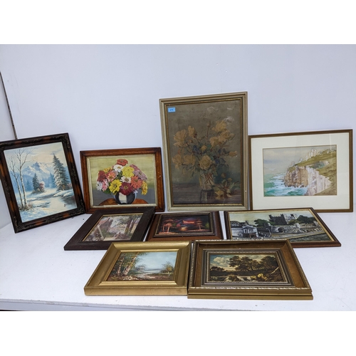 275 - A mixed lot of framed pictures to include a watercolour of a coastal scene, signed G Tyler, two stil... 