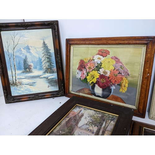 275 - A mixed lot of framed pictures to include a watercolour of a coastal scene, signed G Tyler, two stil... 