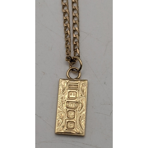 32 - A 9ct gold necklace with a pendant 10.6g
9ct gold ingot pendant
Location:CAB2
If there is no conditi... 